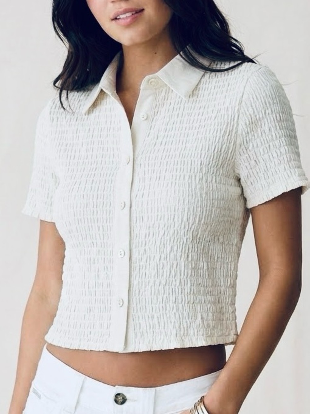 Urban Outfitters Shirred Button Down Short Sleeve Shirt With Collared Neckline